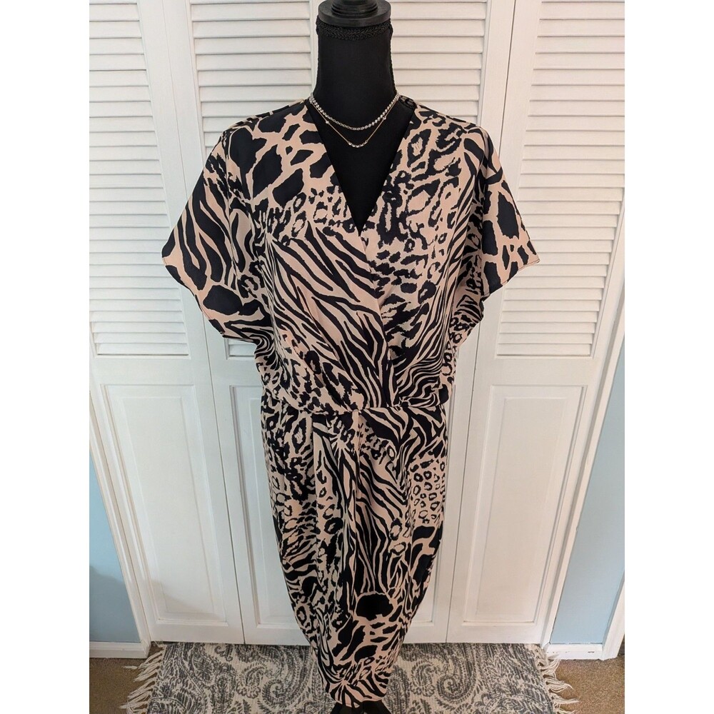 Lipsy London Dress Womens 14 Beige Black Cheetah Leopard Club Party Faux Wrap